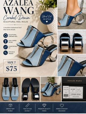 Azalea Wang Corabel-Denim Sculptural Heel Mules — Blue Denim